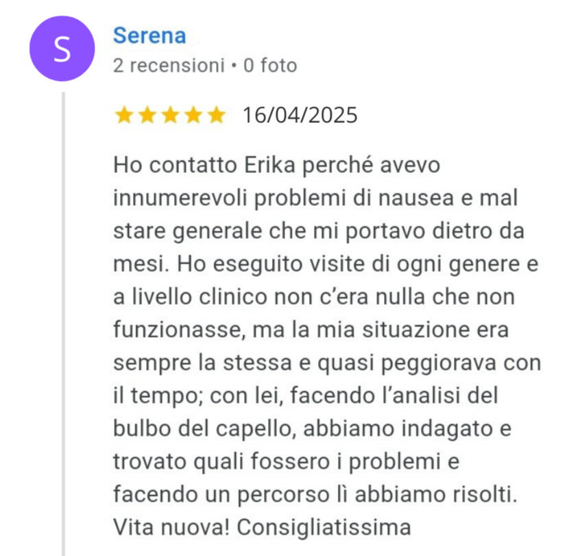 Recensione positiva trattamento mal di stomaco e nausea, naturopata, Codroipo, Udine, Pordenone